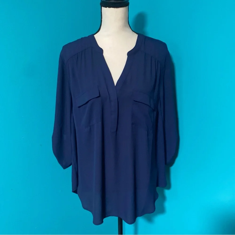 [E] Torrid 1X Solid Navy Blue Harper Georgette Pullover 3/4 Sleeve Blouse - Picture 2 of 6